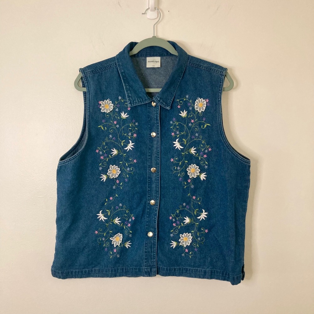 Vtg 90s Floral Embroidered Denim Vest Decorated Originals Boho 100% Cotton L